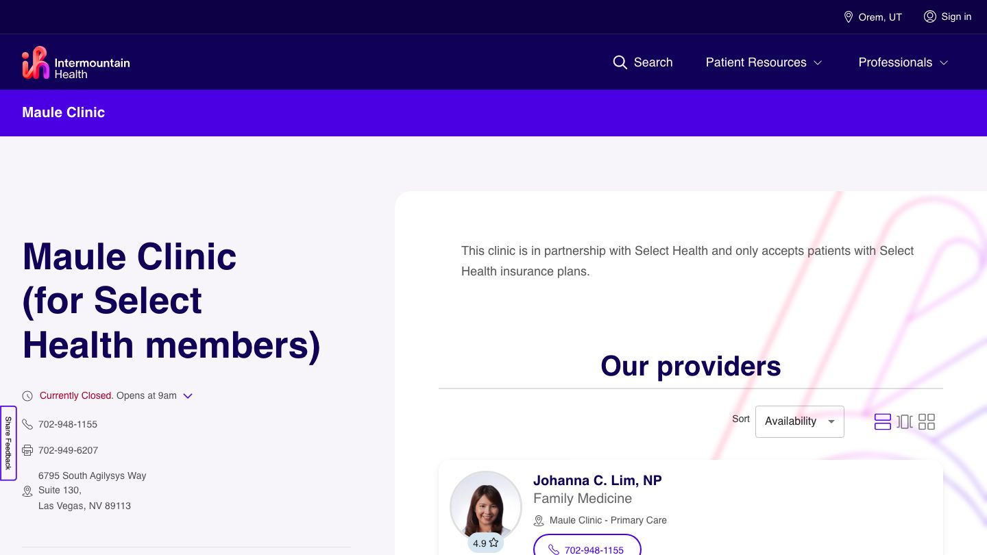 Intermountain Health Maule Clinic (for Select Health members)