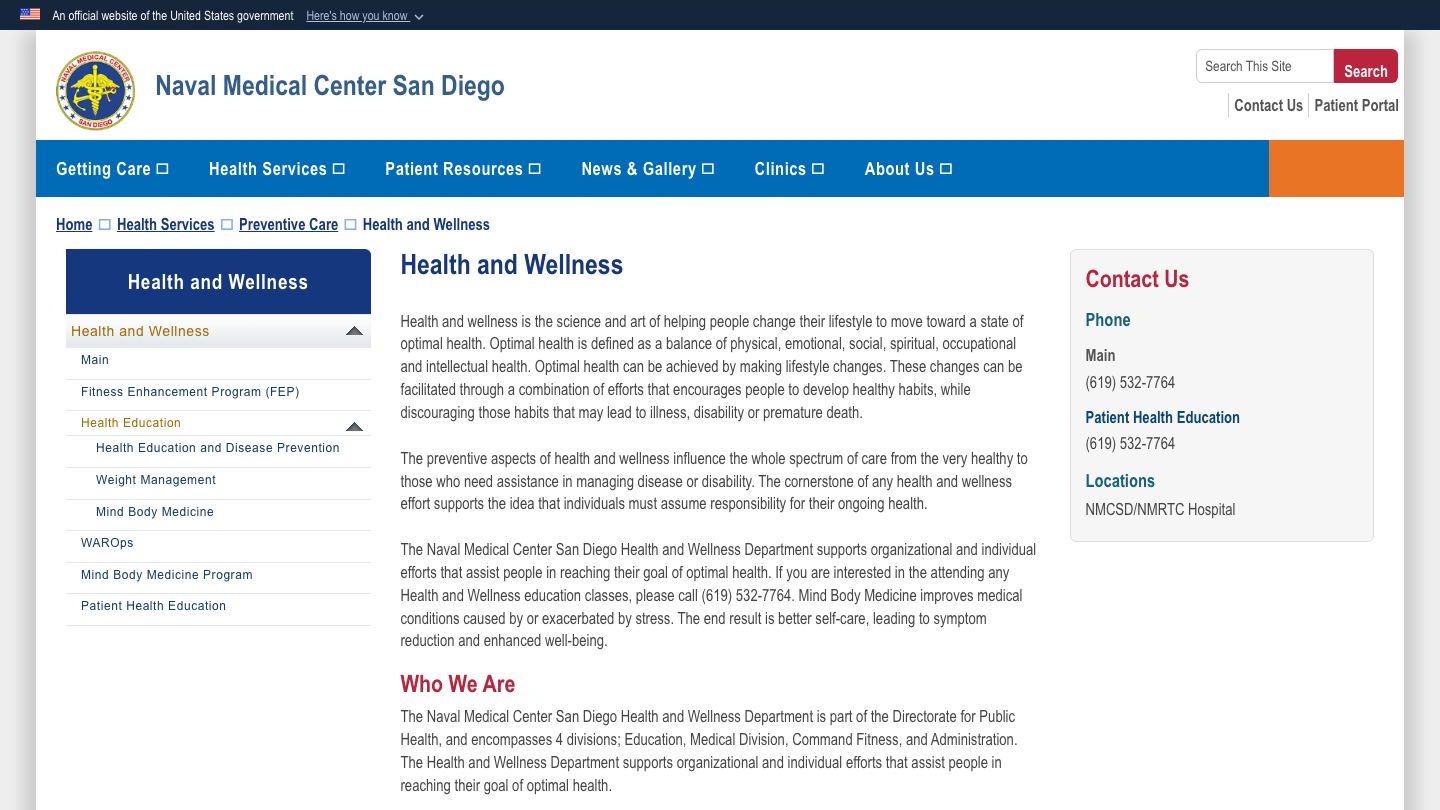 Naval Medical Center San Diego, Health and Wellness Department
