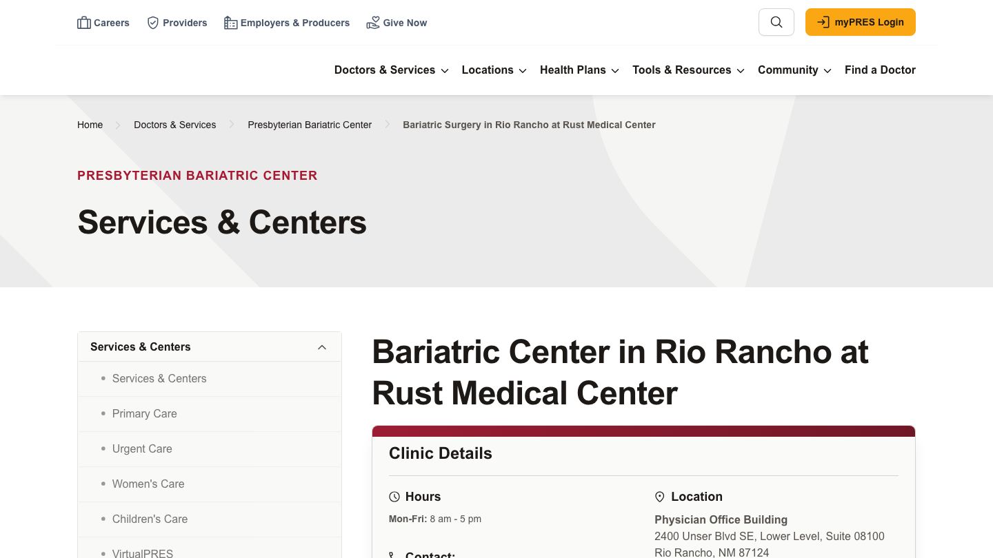 Presbyterian Bariatric Center at Rust Physician Office Building (Ronda Rd Entrance)